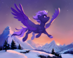 Size: 1000x800 | Tagged: safe, ai content, derpibooru import, oc, oc only, oc:shadow galaxy, pegasus, pony, ai composition, ethereal mane, female, flying, hooves, large wings, mare, mountain, mountain range, not night glider, pegasus oc, pine tree, prompter:shad0w-galaxy, smiling, snow, solo, spread wings, starry eyes, starry mane, starry tail, stars, sunset, tail, tree, wingding eyes, wings