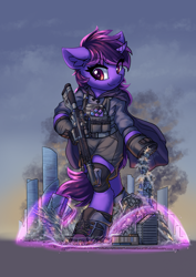 Size: 1614x2283 | Tagged: safe, artist:ravistdash, derpibooru import, oc, oc only, oc:velocity, pony, semi-anthro, unicorn, bipedal, boots, bounty hunter, city, clothes, commission, crush fetish, destruction, female, fetish, force field, giant pony, giantess, gun, hoof boots, horn, macro, magic, mare, mare oc, mega giant, outdoors, outfit, rampage, shoes, size difference, smug, tactical gear, tacticool, unicorn oc, weapon