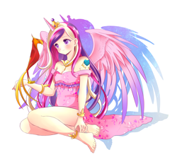 Size: 2598x2309 | Tagged: safe, artist:rurucreations, derpibooru import, philomena, princess cadance, human, phoenix, g4, bare shoulders, barefoot, breasts, cleavage, clothes, colored pupils, cute, cutedance, feet, female, horn, horned humanization, humanized, legs, simple background, solo, strapless, white background, winged humanization, wings