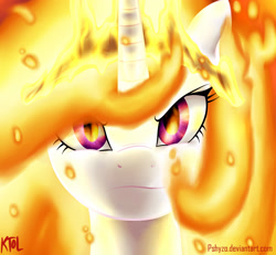 Size: 2548x2354 | Tagged: safe, artist:pshyzomancer, derpibooru import, nightmare star, princess celestia, alicorn, pony, g4, angry, female, fire, mare, prime celestia, solo