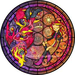 Size: 2100x2100 | Tagged: safe, artist:akili-amethyst, derpibooru import, sunset satan, sunset shimmer, demon, human, equestria girls, g4, rainbow rocks, book, crown, cutie mark, disney, dive to the heart, duality, duo, eye, eyes, eyes closed, female, jewelry, kingdom hearts, my little pony equestria girls, regalia, sad, stained glass