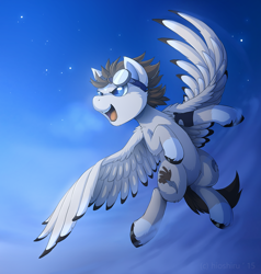 Size: 1080x1136 | Tagged: safe, artist:hioshiru, derpibooru import, oc, oc only, pegasus, pony, both cutie marks, cheek fluff, chest fluff, cloud, coat markings, colored hooves, colored pupils, colored wings, colored wingtips, digital art, ear fluff, ears, fluffy, flying, goggles, hooves, leg fluff, male, open mouth, outdoors, sky, socks (coat marking), solo, spread wings, stallion, starry night, unshorn fetlocks, wing fluff, wings