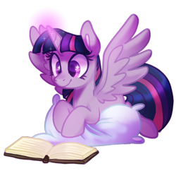 Size: 2475x2424 | Tagged: safe, artist:voraire, derpibooru import, twilight sparkle, twilight sparkle (alicorn), alicorn, pony, g4, adorkable, book, cute, dork, female, lying down, magic, mare, pillow, prone, reading, simple background, solo, spread wings, transparent background, wings