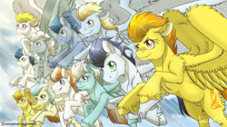 Size: 2148x1200 | Tagged: safe, artist:inuhoshi-to-darkpen, derpibooru import, blaze, fire streak, fleetfoot, high winds, lightning streak, misty fly, silver lining, silver zoom, soarin', spitfire, wave chill, pegasus, pony, g4, feathered fetlocks, female, flying, group, male, mare, patreon, patreon logo, smiling, spread wings, stallion, surprise (g4), unshorn fetlocks, wings, wonderbolts