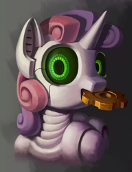 Size: 2147x2792 | Tagged: safe, artist:draconidsmxz, derpibooru import, sweetie belle, sweetie bot, pony, robot, robot pony, unicorn, g4, female, filly, foal, gears, horn, mouth hold, solo