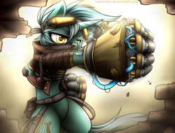 Size: 1580x1200 | Tagged: safe, artist:jadekettu, derpibooru import, lyra heartstrings, pony, semi-anthro, unicorn, g4, belly, belly button, bipedal, broken, clothes, colored pupils, female, fist, hand, horn, mechanical hands, power fist, solo, that pony sure does love hands, wall