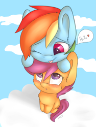 Size: 2121x2828 | Tagged: safe, artist:dbleki, derpibooru import, rainbow dash, scootaloo, pegasus, pony, g4, :o, :p, blushing, cheek fluff, chest fluff, cloud, cute, cutealoo, dashabetes, dialogue, ear fluff, ears, female, filly, fluffy, foal, heart, hello, leaning, lesbian, looking up, mare, one eye closed, open mouth, ponies riding ponies, pony hat, riding, riding a pony, scootadash, scootaloo riding rainbow dash, scootalove, shipping, silly, sitting, sky, smiling, speech bubble, tongue, tongue out, weapons-grade cute, wink