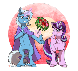 Size: 2000x1824 | Tagged: safe, artist:inuhoshi-to-darkpen, derpibooru import, starlight glimmer, trixie, pony, semi-anthro, unicorn, g4, abstract background, blush sticker, blushing, bouquet, cape, clothes, curved horn, female, flower, gem, glowing, glowing horn, heart, heart background, hoof on chin, horn, lesbian, magic, mare, one eye closed, realistic horse legs, rearing, shipping, smiling, standing, startrix, telekinesis, trixie's cape, underhoof, unshorn fetlocks, wink