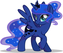 Size: 1753x1494 | Tagged: safe, artist:equinepalette, derpibooru import, princess luna, alicorn, pony, g4, commission, cute, ethereal mane, female, looking at you, mare, side view, simple background, smiling, solo, spread wings, starry mane, transparent background, wings, ych result