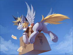 Size: 1608x1220 | Tagged: safe, artist:ramiras, derpibooru import, derpy hooves, pegasus, pony, g4, the point of no return, bubble butt, butt, carrying, cloud, dock, featureless crotch, female, flying, frog (hoof), hoofbutt, letter, mailmare, mare, my little pony: friendship is magic, outdoors, package, plot, rear view, scene interpretation, sky, solo, spread wings, tail, underhoof, wings