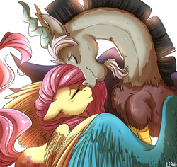 Size: 1024x968 | Tagged: safe, artist:leahfoxden, derpibooru import, discord, fluttershy, draconequus, pegasus, pony, g4, blushing, boop, cheek fluff, chest fluff, cute, discoshy, discute, ear fluff, ears, eyes closed, female, happy, male, mare, noseboop, profile, shipping, shyabetes, simple background, smiling, straight, white background