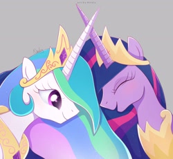 Size: 2472x2278 | Tagged: safe, artist:nnaly, derpibooru import, princess celestia, princess twilight 2.0, twilight sparkle, twilight sparkle (alicorn), alicorn, pony, g4, the last problem, blushing, crown, duo, eyes closed, female, gray background, jewelry, laughing, mare, my little pony: friendship is magic, older, older twilight, older twilight sparkle (alicorn), peytral, regalia, signature, simple background, smiling, starry eyes, wingding eyes