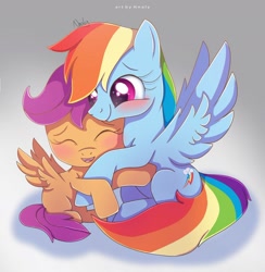 Size: 1820x1863 | Tagged: safe, artist:nnaly, derpibooru import, rainbow dash, scootaloo, pegasus, pony, g4, backwards cutie mark, blank flank, blushing, cute, cutealoo, dashabetes, duo, eyes closed, female, filly, foal, gentle giant, hug, mare, rainbow dash is best pony, scootalove, signature, sisterly love, smiling, sparkles, sparkly eyes, wingding eyes