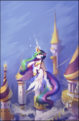 Size: 1924x2941 | Tagged: safe, artist:ramiras, derpibooru import, princess celestia, alicorn, pony, fanfic:tales of the sun, g4, canterlot, castle, crown, fanfic, fanfic art, fanfic cover, female, flying, glowing, glowing horn, high res, hoof shoes, horn, jewelry, magic, magic aura, mare, outdoors, peytral, princess shoes, regalia, solo, spread wings, wings