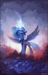 Size: 1870x2925 | Tagged: safe, artist:ramiras, derpibooru import, princess luna, alicorn, pony, fanfic:tales of the moon, g4, city, fanfic, fanfic art, fanfic cover, female, glowing, glowing horn, high res, horn, magic, mare, outdoors, slender, solo, spread wings, thin, wings