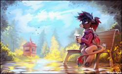 Size: 2655x1627 | Tagged: safe, artist:ramiras, derpibooru import, oc, oc only, oc:caiya, griffon, bench, coffee, forest, griffon oc, nature, outdoors, sitting, solo, tree