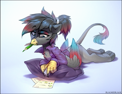 Size: 831x645 | Tagged: safe, artist:ramiras, derpibooru import, oc, oc only, oc:caiya, griffon, colored wings, folded wings, gradient background, gradient wings, griffon oc, lying down, mouth hold, pencil, pillow, prone, solo, sploot, wings