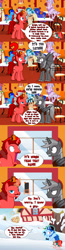 Size: 1280x4914 | Tagged: safe, artist:jasperpie, derpibooru import, oc, oc:andrew bluefilm, oc:angel of speed, oc:casper cake, oc:jasper pie, oc:michael awdry, oc:naeruiih, oc:night mist, oc:sawa dusk, giraffe, hippogriff, candy, candy cane, cellphone, cowboy hat, derby (hat), female, fez, food, frozen, glasses, hat, hearth's warming decorations, magic, magic aura, male, mistletoe, oc x oc, phone, pie's pizzeria, pie's pizzeria (ponyville), ponyville, shipping, snow, snowbound, straight, tree