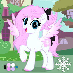 Size: 2000x2000 | Tagged: safe, artist:lovelypromise, derpibooru import, oc, oc:frost blush, pegasus, pony, bow, colored wings, female, hair bow, mare, multicolored wings, open mouth, pink hooves, pink mane, pink tail, reference sheet, ribbon, snow, snowflake, tail, wings