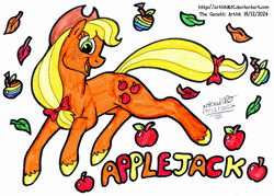 Size: 3238x2318 | Tagged: safe, artist:artistnjc, derpibooru import, applejack, earth pony, pony, g4, apple, applejack's hat, autumn leaves, bow, clothes, colored hooves, cowboy hat, food, hair bow, hat, hooves, leaves, signature, simple background, smiling, solo, tail, tail bow, text, traditional art, zap apple