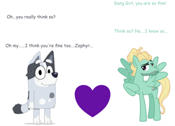 Size: 1924x1390 | Tagged: safe, artist:cheezedoodle96, derpibooru import, edit, zephyr breeze, dog, pegasus, g4, bluey, comic sans, crack shipping, crossover, crossover shipping, flirting, heart, shipping, simple background, smiling, text, trixie heeler, wat, white background