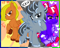 Size: 606x487 | Tagged: safe, artist:kharmacal, derpibooru import, oc, oc only, oc:cloudy night, oc:clovis point, oc:sour shock, pegasus, abstract background, chest fluff, cross-popping veins, dreamworks face, ear fluff, ears, emanata, eyestrain warning, freckles, grin, heart, looking at you, raised hoof, raised leg, shit eating grin, show accurate, sitting, smiling, trio, two toned hair, unshorn fetlocks