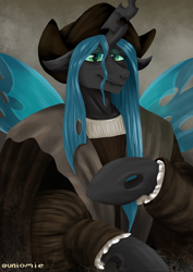 Size: 2480x3508 | Tagged: safe, artist:uniomie, derpibooru import, queen chrysalis, changeling, changeling queen, semi-anthro, unicorn, g4, bust, clothes, columbus, eyelashes, eyeshadow, history, horn, insect wings, looking at you, makeup, meme, portrait, smiling, smiling at you, solo, wings