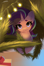 Size: 2000x3000 | Tagged: safe, artist:skitsroom, derpibooru import, starlight glimmer, pony, unicorn, g4, christmas, christmas lights, christmas tree, cute, female, glimmerbetes, high res, holiday, horn, looking at you, mare, present, smiling, smiling at you, solo, string lights, tree