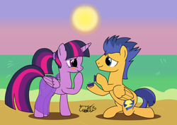 Size: 7015x4960 | Tagged: safe, artist:gabriel18017, derpibooru import, flash sentry, twilight sparkle, twilight sparkle (alicorn), alicorn, pegasus, pony, g4, beach, clothes, female, flashlight, male, marriage proposal, outdoors, sarong, see-through, shipping, straight