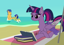 Size: 9215x6560 | Tagged: safe, artist:gabriel18017, derpibooru import, flash sentry, twilight sparkle, twilight sparkle (alicorn), alicorn, pegasus, pony, g4, alternate hairstyle, beach, book, bookhorse, clothes, father and child, father and daughter, female, flashlight, holding hooves, lying down, male, offspring, parent and child, parent:flash sentry, parent:twilight sparkle, parents:flashlight, partially submerged, ponytail, prone, reading, sarong, see-through, shipping, smiling, straight, trio