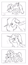 Size: 1812x4096 | Tagged: oc name needed, safe, artist:opalacorn, derpibooru import, oc, oc only, alicorn, pony, fallout equestria, 4 panel comic, 4koma, black and white, comic, duo, grayscale, monochrome, no dialogue, self paradox, self ponidox, simple background, swimming pool, white background