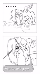 Size: 2237x4096 | Tagged: oc name needed, safe, artist:opalacorn, derpibooru import, oc, oc only, alicorn, pony, fallout equestria, ..., 2 panel comic, black and white, comic, duo, duo female, eyes closed, female, grayscale, hug, mare, monochrome, self acceptance, self paradox, self ponidox, simple background, speech bubble, swimming pool, white background