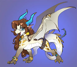 Size: 2700x2340 | Tagged: safe, artist:opalacorn, derpibooru import, oc, oc only, oc:trinket heart, dragon, dragoness, dragonified, female, glasses, gradient background, horns, open mouth, open smile, quadrupedal, smiling, solo, species swap, spread wings, wings