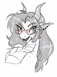 Size: 2084x2786 | Tagged: safe, artist:opalacorn, derpibooru import, oc, oc only, oc:trinket heart, dragon, blushing, bust, dragoness, dragonified, female, glasses, grayscale, horns, monochrome, open mouth, open smile, partial color, sharp teeth, simple background, smiling, solo, species swap, teeth, white background