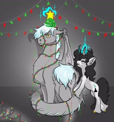 Size: 3836x4096 | Tagged: safe, artist:opalacorn, derpibooru import, oc, oc only, oc:chain lightning, oc:fume hood, dracony, dragon, hybrid, pony, unicorn, chainume, chest fluff, christmas, christmas lights, christmas star, duo, duo male and female, ear fluff, ears, eyes closed, female, glowing, glowing horn, holiday, horn, levitation, magic, male, mare, open mouth, open smile, partial color, sitting, smiling, stallion, telekinesis, unamused