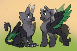 Size: 2709x1800 | Tagged: safe, artist:opalacorn, derpibooru import, oc, oc only, oc:gamma, griffon, pegasus, pony, ..., chest fluff, colored wings, colored wingtips, duo, duo male, gradient background, griffon oc, looking at each other, looking at someone, male, ponified, ponified oc, species swap, spread wings, stallion, wings