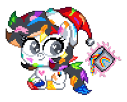 Size: 500x400 | Tagged: safe, artist:chssam, derpibooru import, oc, oc only, oc:pixel palette, earth pony, pony, g4, g4.5, my little pony: pony life, bucket, christmas, digital art, earth pony oc, female, female oc, hat, heart, heart eyes, holiday, magic, manepxls, mare, mascot, messy, paint, pixel art, pxls.space, santa hat, simple background, sitting, smiling, solo, transparent background, wingding eyes