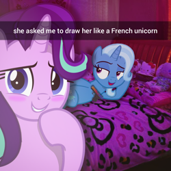 Size: 1280x1280 | Tagged: safe, artist:jhayarr23, artist:trrrebleee, derpibooru exclusive, derpibooru import, edit, starlight glimmer, trixie, pony, unicorn, g4, bedroom, blushing, caption, draw me like one of your french girls, duo, female, glock, gun, handgun, hello kitty, horn, lesbian, mare, pistol, real life background, sanrio, shipping, snapchat, startrix, text, vector, vector edit, weapon