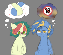 Size: 2048x1781 | Tagged: safe, artist:madiwann, derpibooru import, oc, oc only, oc:shining trophy, oc:sugary cream, pegasus, pony, unicorn, chest fluff, duo, duo male, eye clipping through hair, gay, gray background, holding hooves, horn, lewd thoughts, male, meme, pegasus oc, simple background, sketch, stallion, thought bubble, unicorn oc