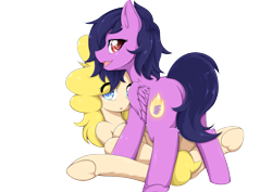 Size: 2105x1488 | Tagged: safe, artist:abyssalrabbit, derpibooru import, oc, oc only, oc:pachi, earth pony, pegasus, pony, butt, commission, duo, female, mare, open mouth, plot, smiling, underhoof