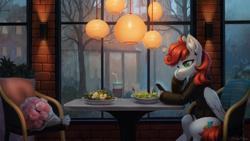 Size: 3072x1728 | Tagged: safe, artist:inowiseei, derpibooru import, oc, oc only, pegasus, pony, bouquet, clothes, flower, food, headphones, rain, restaurant, salad, scenery, wallpaper, window