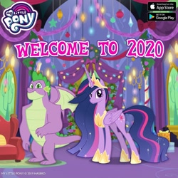 Size: 1080x1080 | Tagged: safe, derpibooru import, princess twilight 2.0, spike, twilight sparkle, twilight sparkle (alicorn), alicorn, dragon, pony, g4, 2020, adult, adult spike, christmas, christmas lights, concave belly, duo, gameloft, gigachad spike, happy new year, holiday, new year, new years day, older, older spike, older twilight, older twilight sparkle (alicorn), physique difference, slender, tall, thin, twilight's castle, winged spike, wings