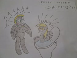 Size: 4080x3060 | Tagged: safe, artist:princess ice color twinkle, derpibooru import, derpy hooves, oc, alicorn, pegasus, pony, g4, alicorn oc, bipedal, but why, female, gray body, horn, mare, scared, shout, skibidi toilet, text, toilet, wings