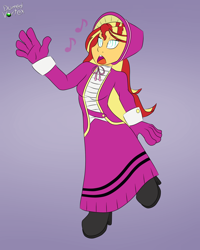 Size: 1600x2000 | Tagged: safe, artist:domedvortex, derpibooru import, sunset shimmer, human, equestria girls, g4, caroling, clothes, dress, gown, hypno eyes, hypnosis, hypnotized, long dress, long skirt, singing, skirt, solo, victorian, victorian dress