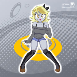 Size: 1920x1920 | Tagged: safe, artist:theratedrshimmer, derpibooru import, derpy hooves, human, equestria girls, g4, 2010s, adorasexy, clothes, cute, derpabetes, frutiger metro, sexy, shorts, solo, stockings, sweater, thigh highs