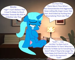 Size: 3002x2397 | Tagged: safe, artist:memeartboi, derpibooru import, pony, unicorn, g4, bed, bedroom, crying, female, guilty, heart, heartbreak, hoof heart, horn, hurt/comfort, indoors, lamp, mare, mother, nicole watterson, night lamp, ponified, regret, remorse, sad, self reflection, sitting, solo, species swap, speech bubble, teary eyes, text, the amazing world of gumball, underhoof, unicorn horn, upset