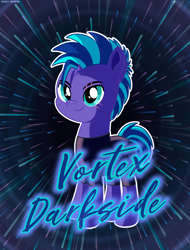 Size: 3800x5000 | Tagged: safe, artist:codenamekid, derpibooru import, oc, oc only, oc:vortex darkside, pony, unicorn, g4, broken horn, complex background, horn, looking at you, male, shading, smiling, smiling at you, solo, spandex, stallion, stallion oc, text, vortex