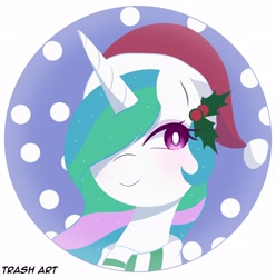 Size: 2028x2048 | Tagged: safe, artist:eltrash_art6, derpibooru import, princess celestia, alicorn, pony, g4, blushing, christmas, clothes, cute, cutelestia, eyeshadow, female, hat, holiday, holly, holly mistaken for mistletoe, icon, makeup, mare, santa hat, scarf, snow, solo, white pupils