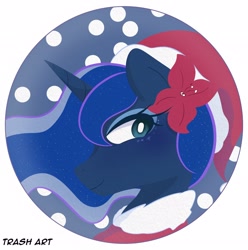 Size: 2028x2048 | Tagged: safe, artist:eltrash_art6, derpibooru import, princess luna, alicorn, pony, g4, christmas, clothes, coat, cute, eyeshadow, female, flower, flower in hair, hat, holiday, icon, lunabetes, makeup, mare, santa hat, snow, solo, white pupils