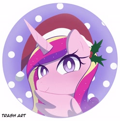 Size: 2028x2048 | Tagged: safe, artist:eltrash_art6, derpibooru import, princess cadance, alicorn, pony, g4, blushing, christmas, cute, cutedance, female, hat, holiday, holly, holly mistaken for mistletoe, icon, mare, santa hat, snow, solo, white pupils